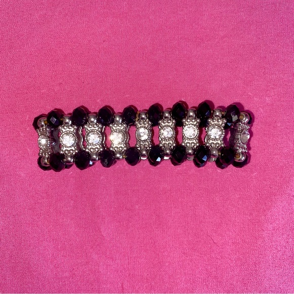 Black Silver Cuff Bracelet Beaded Stretchy Formal Wedding Guest Party Jewelry - Picture 5 of 7